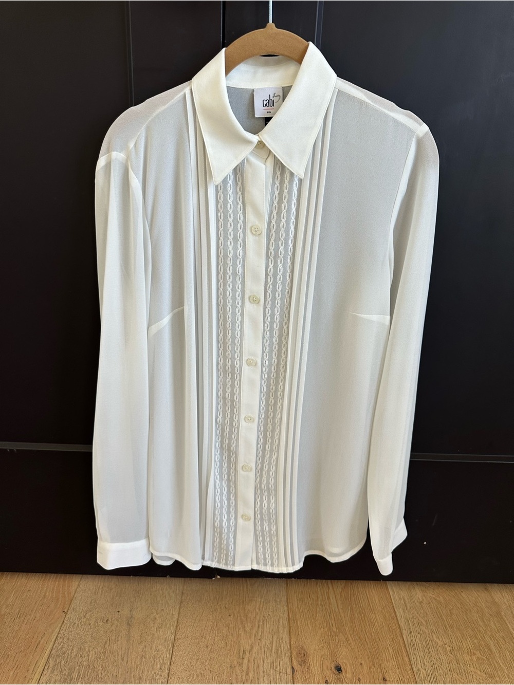 CAbi Ivory Pleated Lace-Panel Long-Sleeve Dress Shirt
